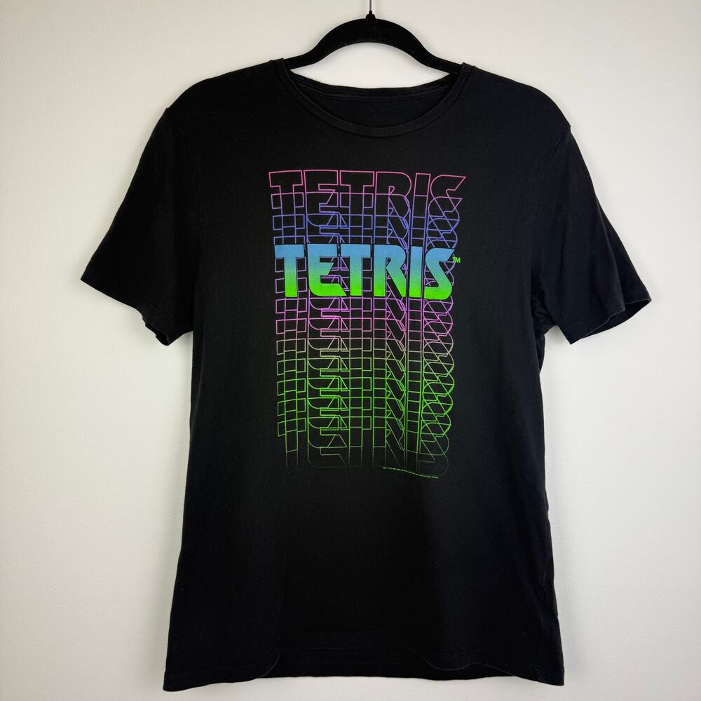 Tetris Unisex Adult Crewneck Multi Graphic Print Cotton Black T-Shirt Medium